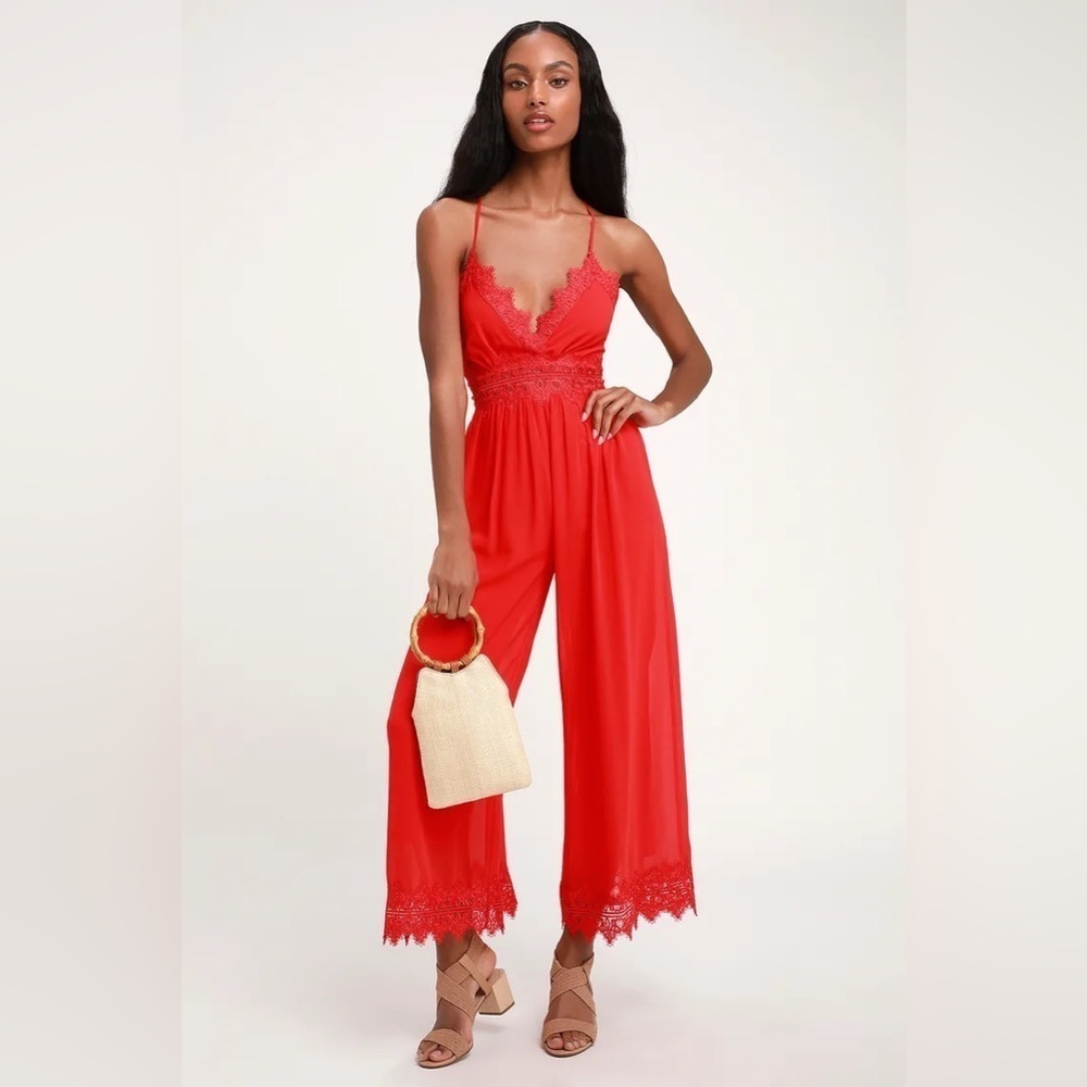 Lulus Sunny Day Dream Red Lace Culotte Jumpsuit Sz. Small - Picture 3 of 12